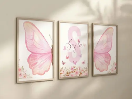 Kit 3 Quadros Moldura Borboleta Berçário Flores B 24x34