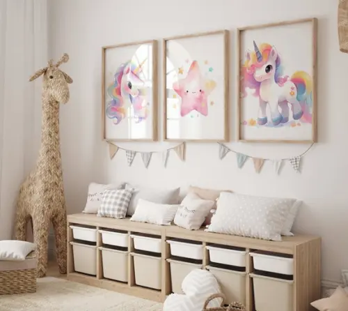 Kit 3 Quadros Decorativos Moldura Unicórnio Infantil A3