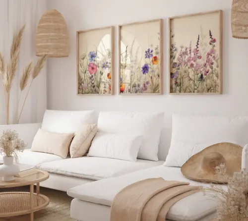 Kit 3 Quadros Decorativo Moldura Boho Flor Sala Quarto A3