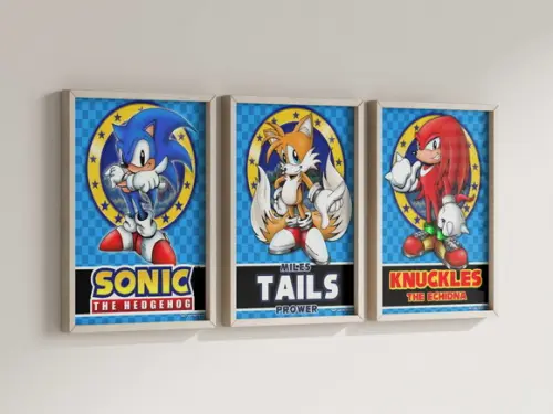 Kit 3 Quadros Decorativos Moldura Sonic Tails Knuckles Arte