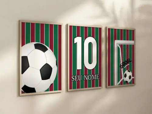 Kit 3 Quadros Decorativos Futebol Vermelho Verde Branco A4