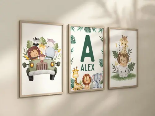 Kit 3 Quadros Moldura Safari com Nome Berçário A4 24x34