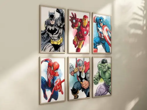 Kit 6 Quadros Decorativos Moldura Super-heróis A4