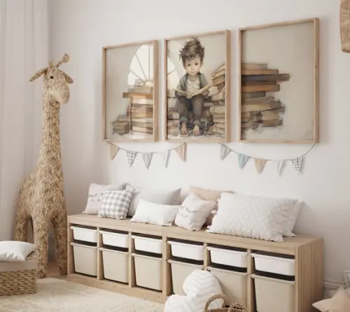 Kit 3 Quadros Decorativo Menino Livros Berçário A3
