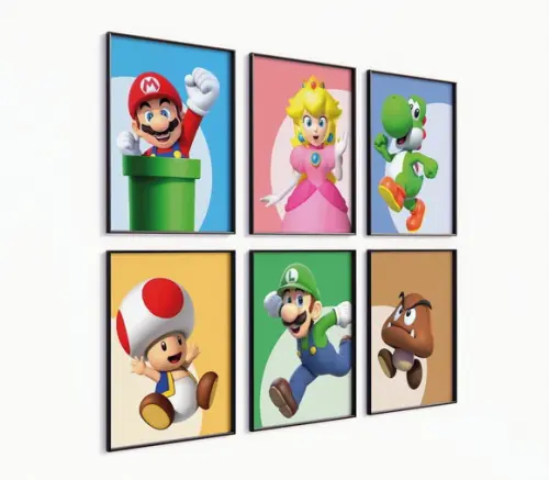 Kit 6 Quadros Decorativos Moldura Mario Personagens Arte e