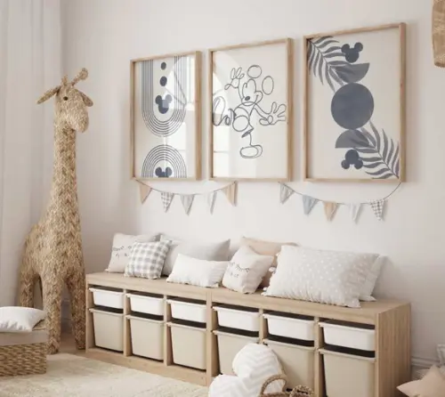 Kit 3 Quadros Decorativos Moldura Mickey Boho A3