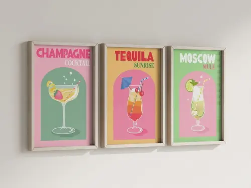 Kit 3 Quadros Decorativos Moldura Drinks Bebidas Coquetel
