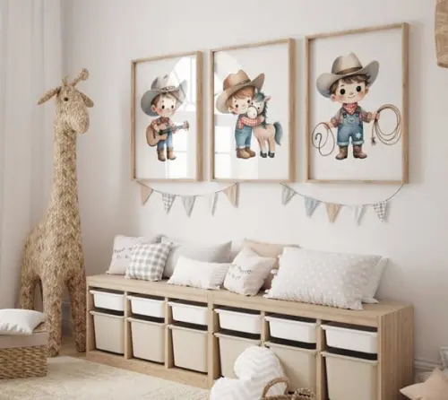 Kit 3 Quadros Decorativo Moldura Menino Fazendinha Cowboy A3