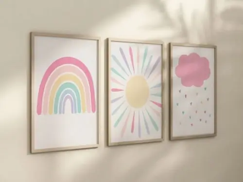 Kit 3 Quadros Boho Arco-iris Sol Nuvem Infantil Decora
