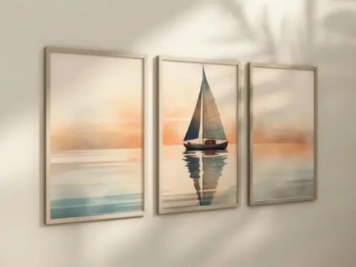 Kit 3 Quadros Decorativo Barco Mar Aquarela Decoração