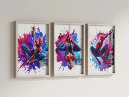 Kit 3 Quadros Decorativos Moldura Homem Aranha Aquarela