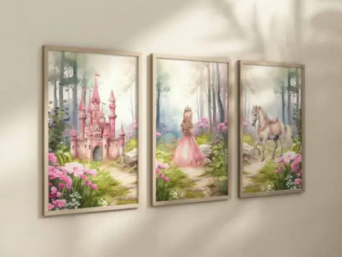 Kit 3 Quadros Decorativos Princesa Cavalo Castelo A4