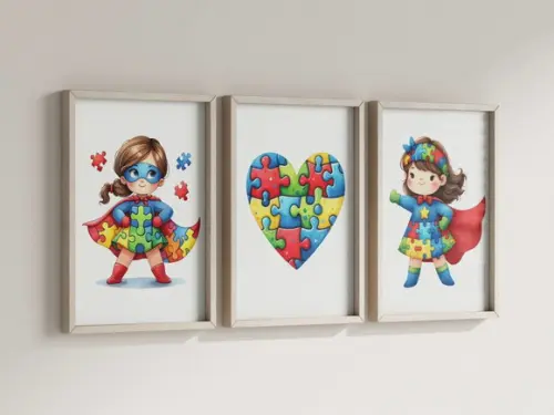 Kit 3 Quadros Decorativos Moldura Consciência Autismo Menina
