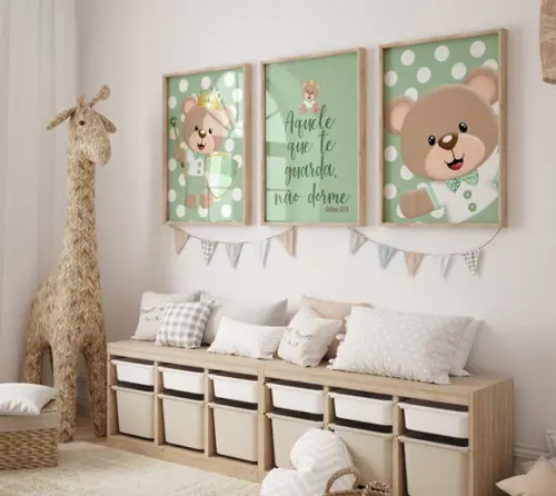 Kit 3 Quadros Decorativo Moldura Ursinho Príncipe Verde A3