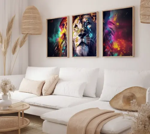 Kit 3 Quadros Decorativo Moldura Leão Colorido Arte Moderna