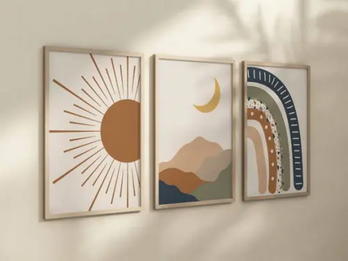 Kit 3 Quadros Decorativos Boho Sol Arco-íris Lua A4