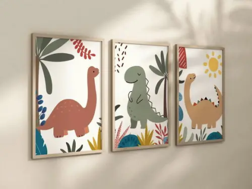 Kit 3 Quadros Decorativos Dinossauro Berçário A4 24x34