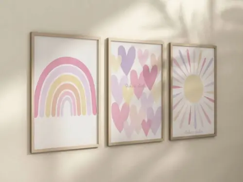 Kit 3 Quadros Boho Arco-iris Coração Sol Infantil