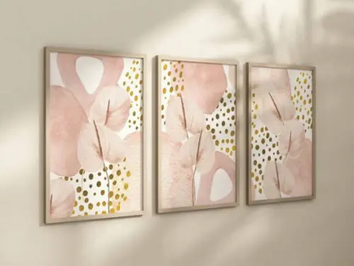 Kit 3 Quadros Decorativo Abstrato Folha Rosa Dourado A4
