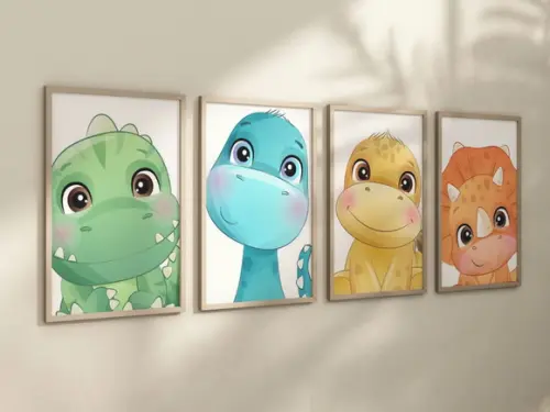 Kit 4 Quadros Decorativos Moldura Dinossauro Baby