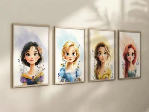 Kit 4 Quadros Decorativos Princesas Arte Moderna A4
