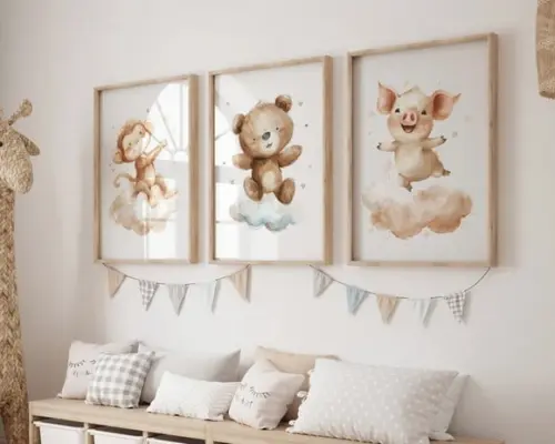 Kit 3 Quadros Decorativo Moldura Macaco Urso Porco A3