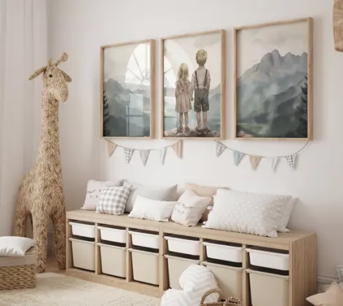 Kit 3 Quadros Decorativo Irmão e Irmã Vintage Infantil A3 c