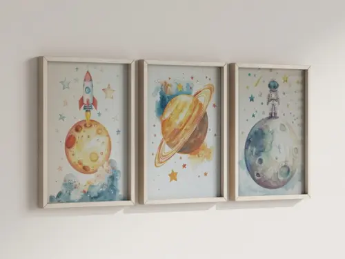 Kit 3 Quadros Decorativo Moldura Astronauta Infantil D