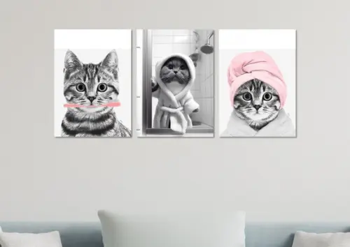 Kit 3 Placas Decorativas Quadro Gato Banho Banheiro Roupão