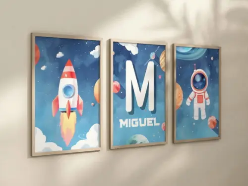 Kit 3 Quadros Decorativo Moldura Astronauta Infantil Persona