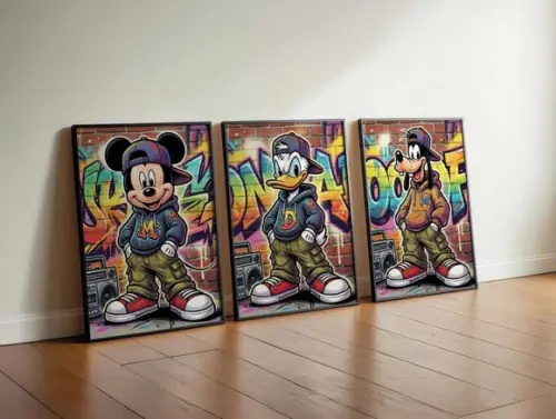 Kit 3 Quadros Decorativo Mickey Donald Pateta Urbano A3
