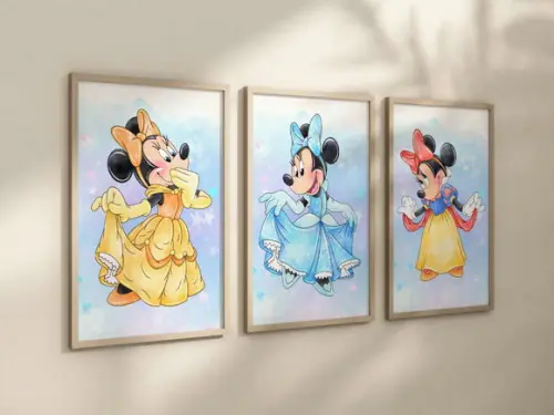 Kit 3 Quadros Decorativos Moldura Minnie Princesa a A4 24x34