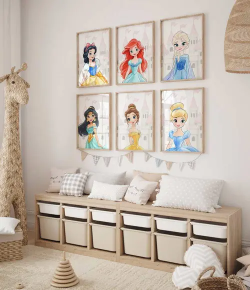 Kit 3 Quadros Decorativo Moldura Princesas Moderna A3