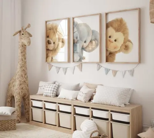 Kit 3 Quadros Decorativos Moldura Safari Pelúcia Berçário A3