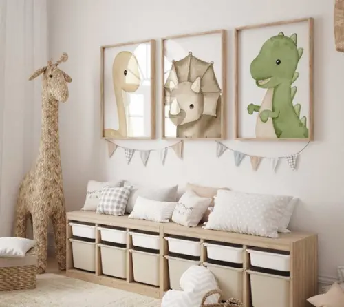 Kit 3 Quadros Decorativos Moldura Dinossauro Baby A3 34x44