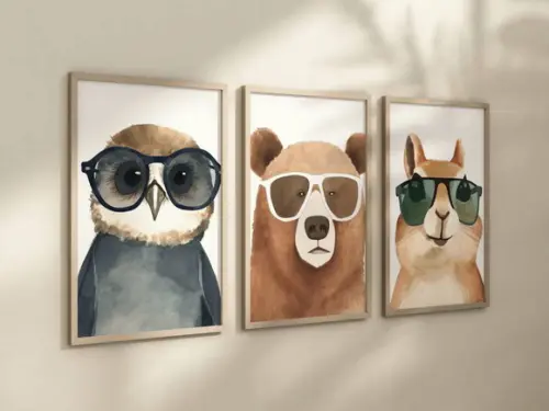 Kit 3 Quadros Decorativos Moldura Safari Óculos Aquarela A4