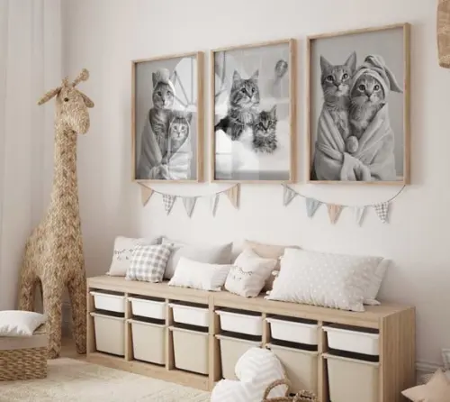 Kit 3 Quadros Decorativos Moldura Gatos Banho Banheiro