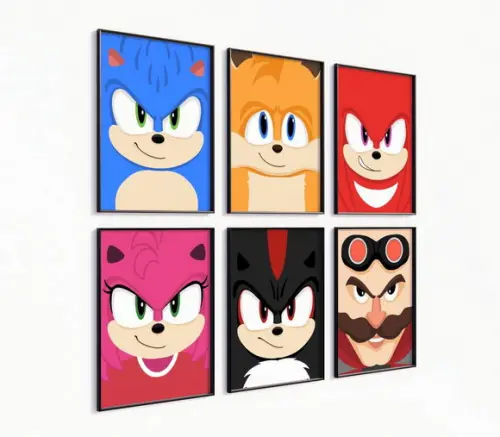 Kit 6 Quadros c/ Moldura Sonic Tails Knuckles Minimalista