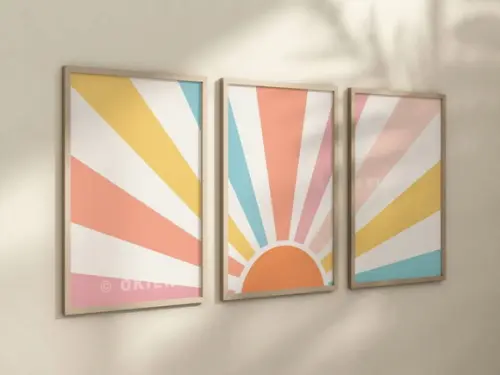Kit 3 Quadros Boho Nascer do Sol Infantil Berçário