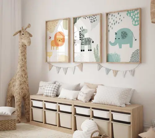 Kit 3 Quadros Decorativos Moldura Bebe Safari Berçário A3