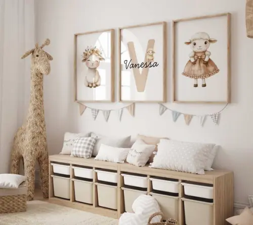 Kit 3 Quadros Decorativo Moldura Ovelha Bege Nome 34x44