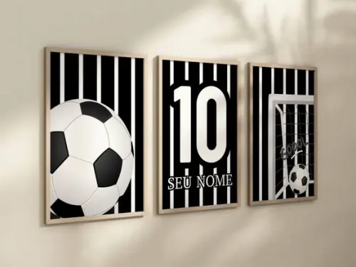 Kit 3 Quadros Decorativos Futebol Nome Preto Branco A4