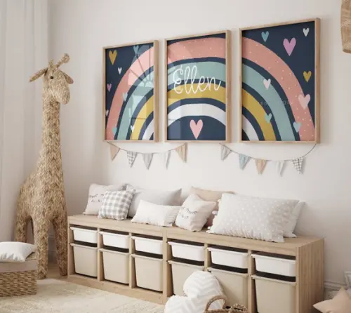 Kit 3 Quadros Boho Arco-iris Coração Infantil Decora Nome A3