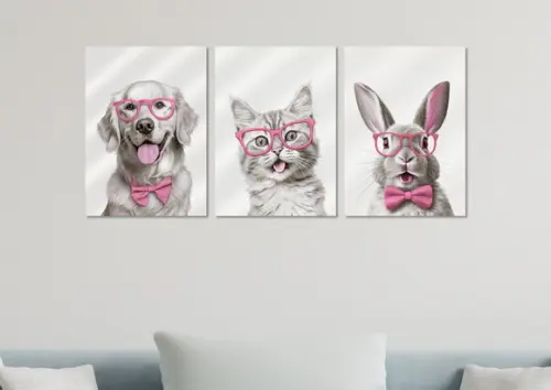Kit 3 Placas Decorativas Quadro Cachorro Gato Coelho Óculos