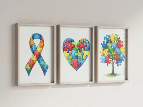 Kit 3 Quadros Decorativos Moldura Consciência Autismo Decora