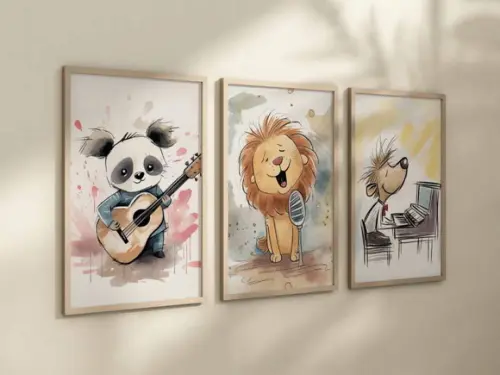 Kit 3 Quadros Decorativos Moldura Animais Musicais A4