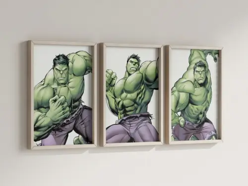 Kit 3 Quadros Decorativos Moldura Hulk Super-herói