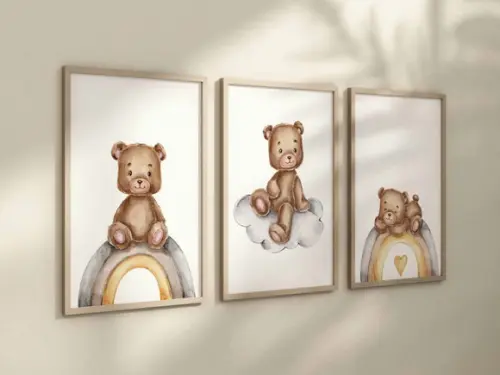 Kit 3 Quadros Decorativos Moldura Ursinho Pelúcia Berçário