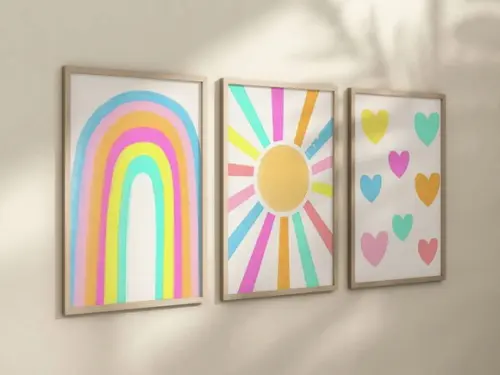 Kit 3 Quadros Decorativo Boho Coração Sol Arco-iris B