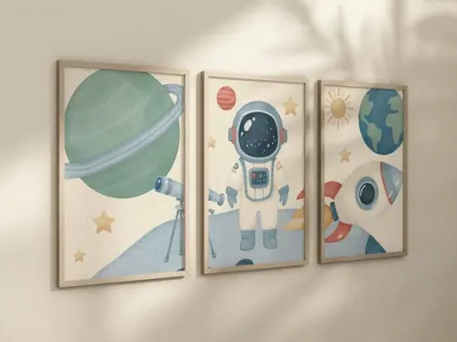 Kit 3 Quadros Decorativo Moldura Astronauta a Infantil 24x34